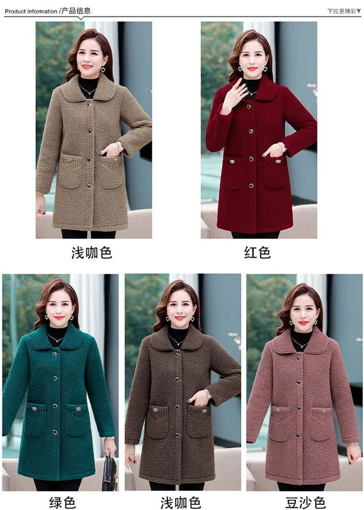 Middle-aged Mothers Faux lamb Wool Coat 2024 Autumn Winter Loose Long-sleeve Outerwear Solid Female Jacket Parkas Casual Tops