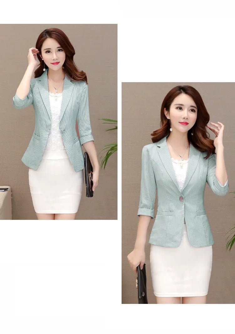 Elegant Women's Stripe 3/4 sleeve Suit Jacket 2025 Spring Summer Thin Slim Outwear Single button Female Office Blazer Coat Tops