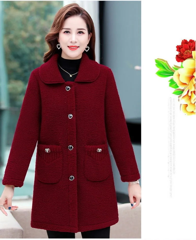 Middle-aged Mothers Faux lamb Wool Coat 2024 Autumn Winter Loose Long-sleeve Outerwear Solid Female Jacket Parkas Casual Tops