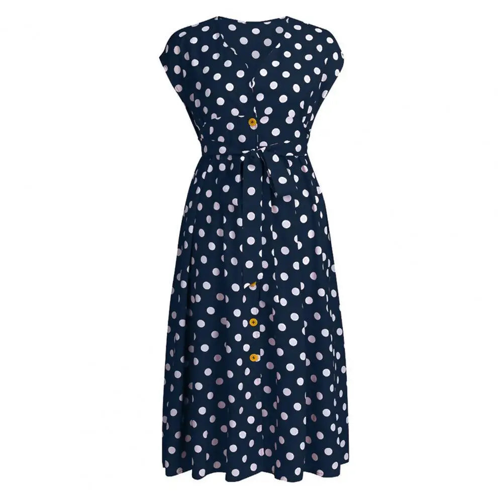 Women Plus Size Dress Polka Dot Print V Neck  Summer Single-breasted Sleeveless Large Hem Dress платье женское vestido mujer