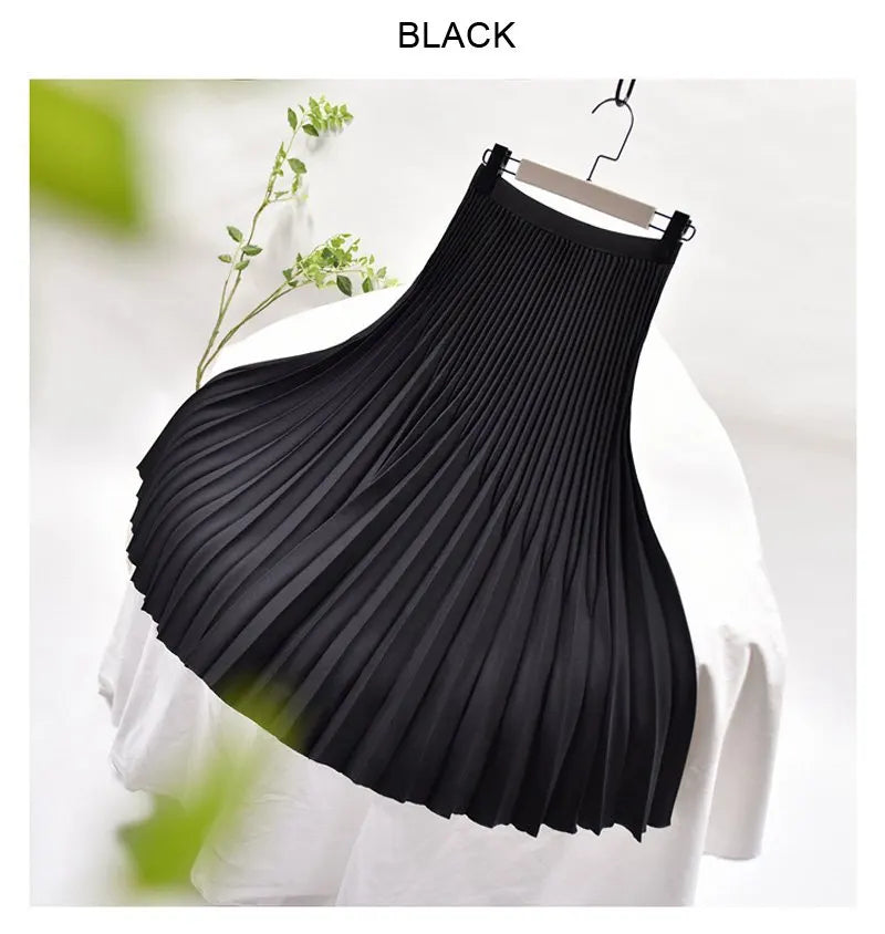 Women's Elegant Solid Color Midi Skirt Korean Female High Waist Fan-shaped Pleated Twill Skirts Faldas 2021 Summer Autumn Sk772