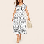 Women Plus Size Dress Polka Dot Print V Neck  Summer Single-breasted Sleeveless Large Hem Dress платье женское vestido mujer