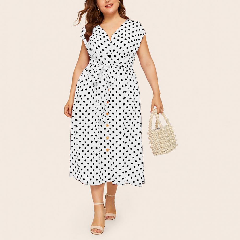 Women Plus Size Dress Polka Dot Print V Neck  Summer Single-breasted Sleeveless Large Hem Dress платье женское vestido mujer