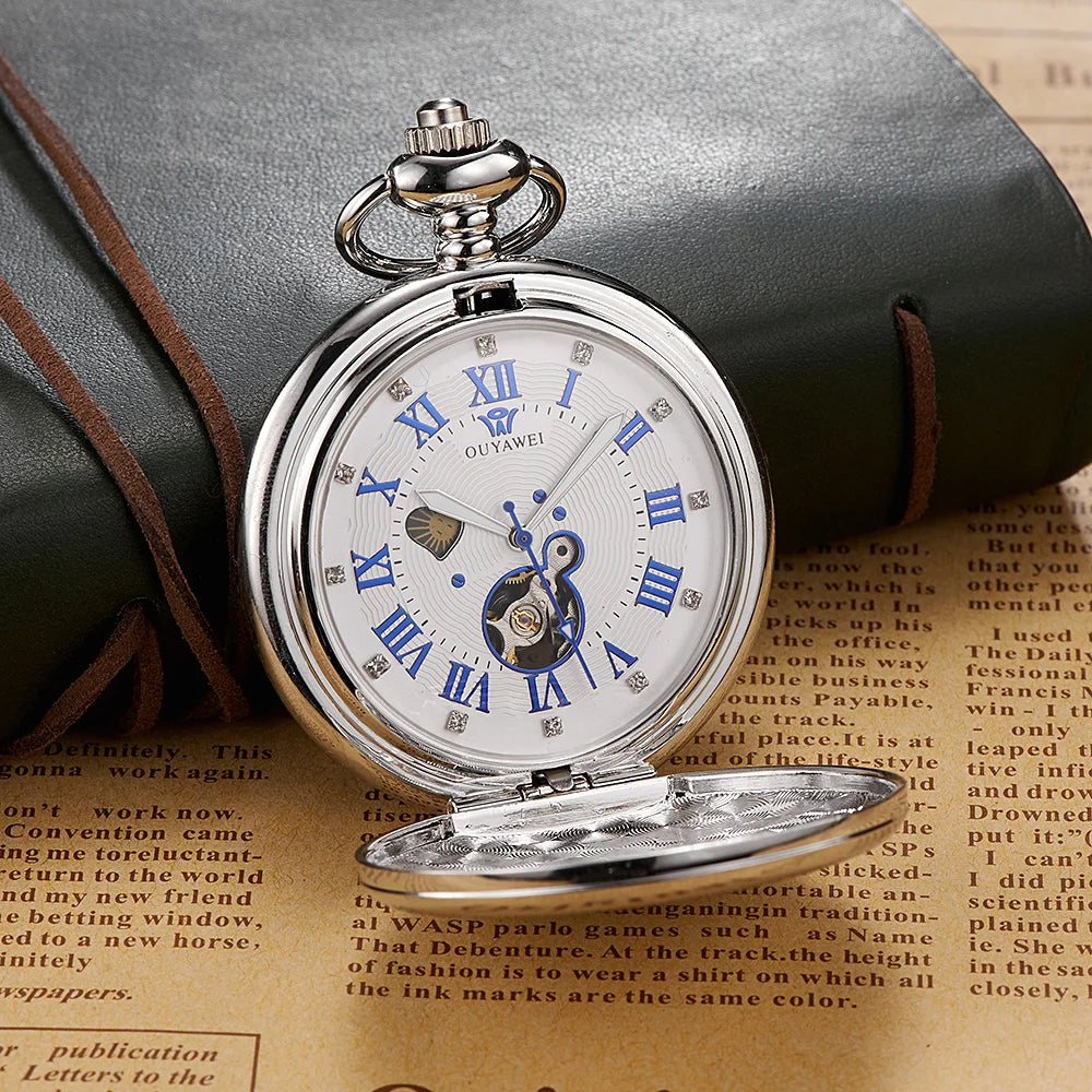 New OYW Brand Stainless Steel Men Fashion Casual Pocket Watch Skeleton dial Silver Hand Wind Mechanical Male Fob Chain Watches