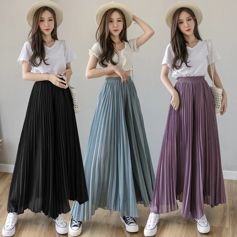 Plus size 6xl Pleated Chiffon Wide Leg Pants Women's High Waist 2023 Summer New Korean Loose Thin Beach Nine Cents Female Hakama