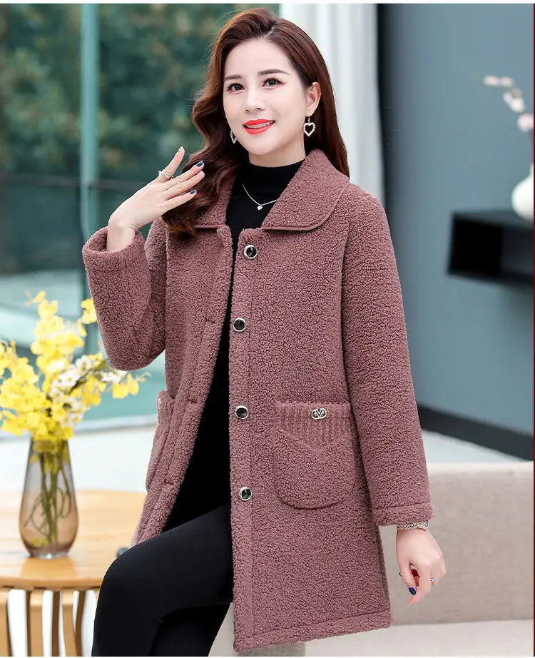 Middle-aged Mothers Faux lamb Wool Coat 2024 Autumn Winter Loose Long-sleeve Outerwear Solid Female Jacket Parkas Casual Tops