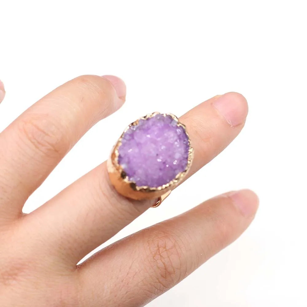 Natural Druzy Agates Rings Diamon-Studded Open Finger Rings Irregular Charm Rings for Women Men Party Wedding Jewelry