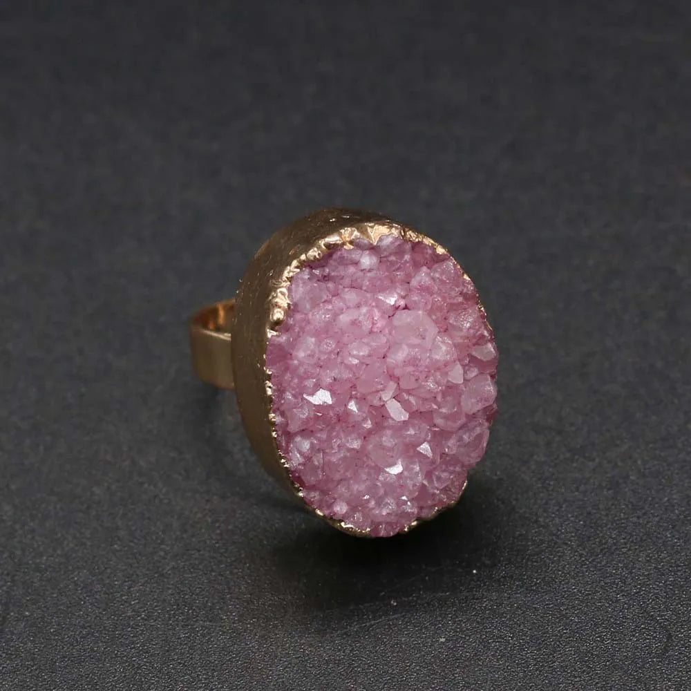 Natural Druzy Agates Rings Diamon-Studded Open Finger Rings Irregular Charm Rings for Women Men Party Wedding Jewelry