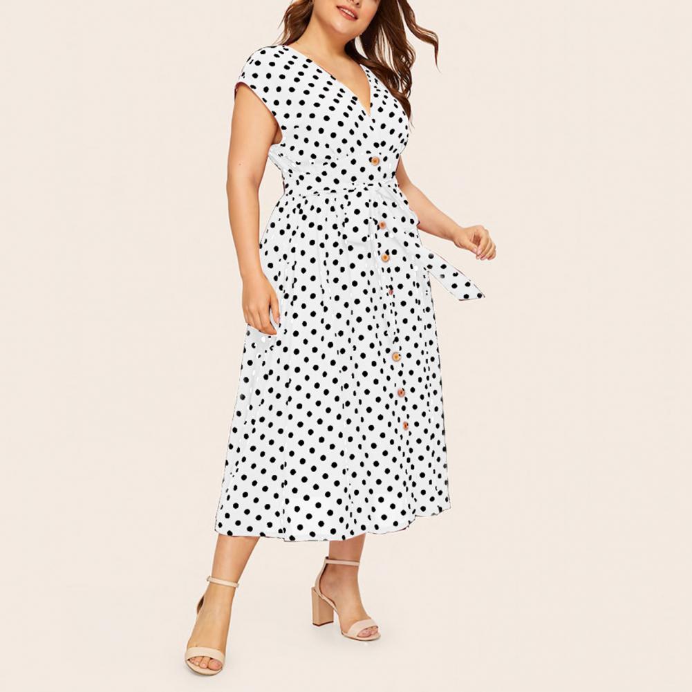 Women Plus Size Dress Polka Dot Print V Neck  Summer Single-breasted Sleeveless Large Hem Dress платье женское vestido mujer