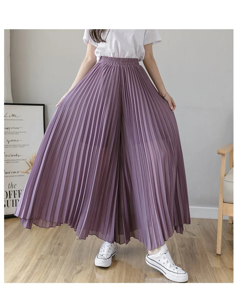 Plus size 6xl Pleated Chiffon Wide Leg Pants Women's High Waist 2023 Summer New Korean Loose Thin Beach Nine Cents Female Hakama