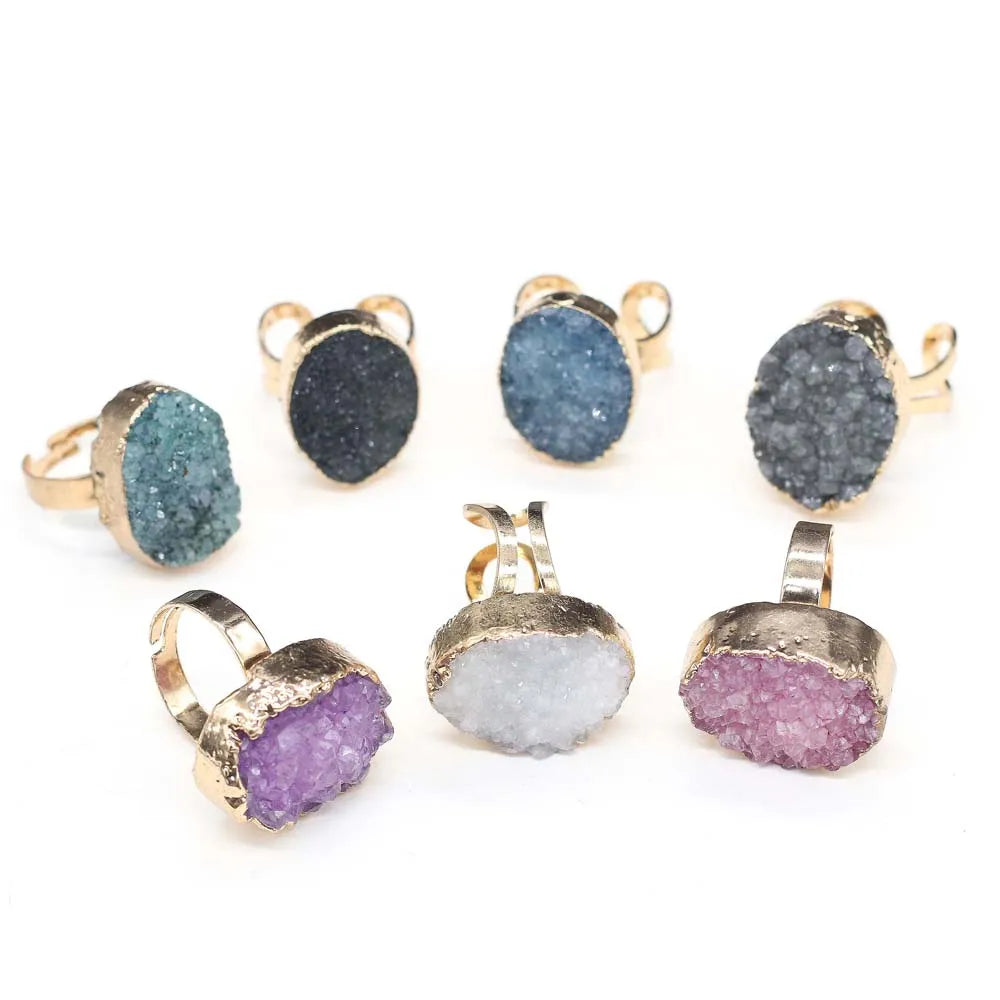 Natural Druzy Agates Rings Diamon-Studded Open Finger Rings Irregular Charm Rings for Women Men Party Wedding Jewelry
