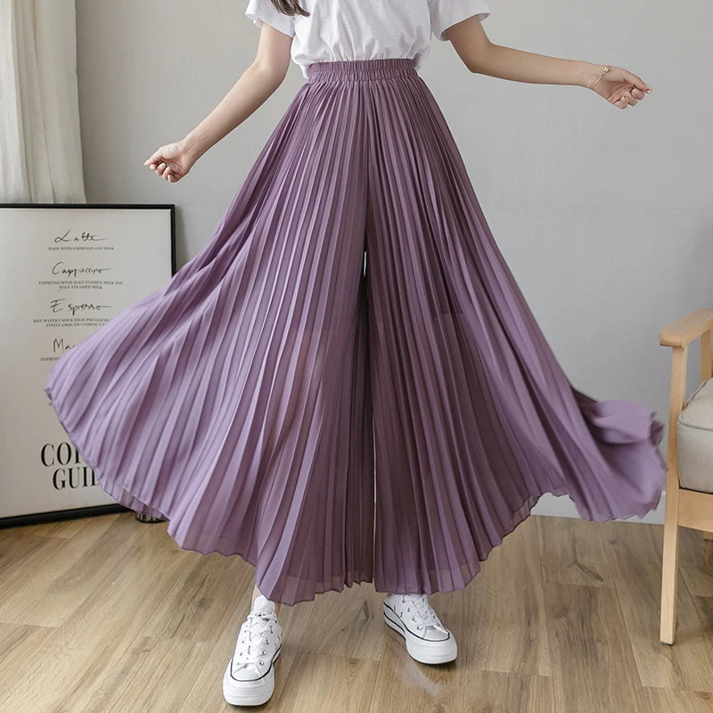 Plus size 6xl Pleated Chiffon Wide Leg Pants Women's High Waist 2023 Summer New Korean Loose Thin Beach Nine Cents Female Hakama