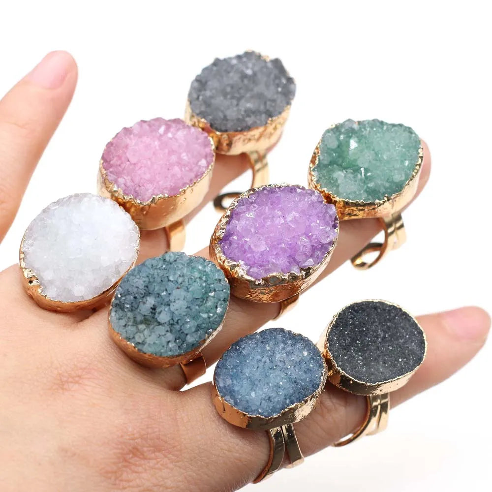 Natural Druzy Agates Rings Diamon-Studded Open Finger Rings Irregular Charm Rings for Women Men Party Wedding Jewelry