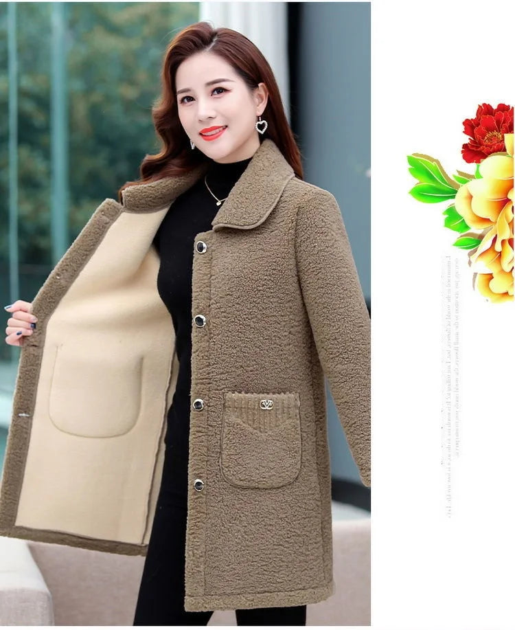 Middle-aged Mothers Faux lamb Wool Coat 2024 Autumn Winter Loose Long-sleeve Outerwear Solid Female Jacket Parkas Casual Tops