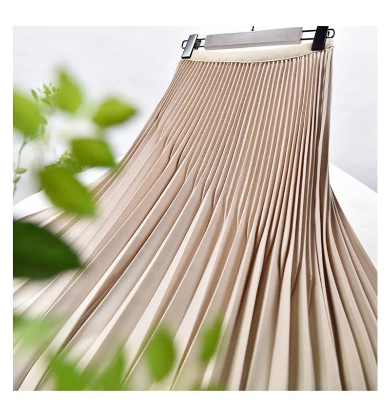 Women's Elegant Solid Color Midi Skirt Korean Female High Waist Fan-shaped Pleated Twill Skirts Faldas 2021 Summer Autumn Sk772