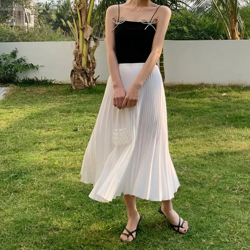 Women's Elegant Solid Color Midi Skirt Korean Female High Waist Fan-shaped Pleated Twill Skirts Faldas 2021 Summer Autumn Sk772