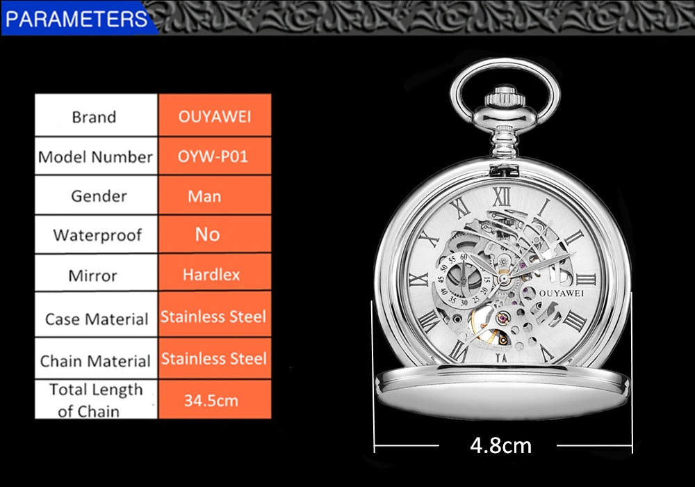 New OYW Brand Stainless Steel Men Fashion Casual Pocket Watch Skeleton dial Silver Hand Wind Mechanical Male Fob Chain Watches