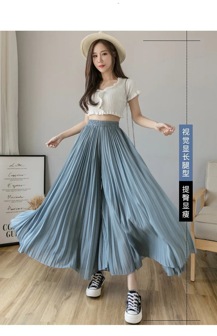 Plus size 6xl Pleated Chiffon Wide Leg Pants Women's High Waist 2023 Summer New Korean Loose Thin Beach Nine Cents Female Hakama