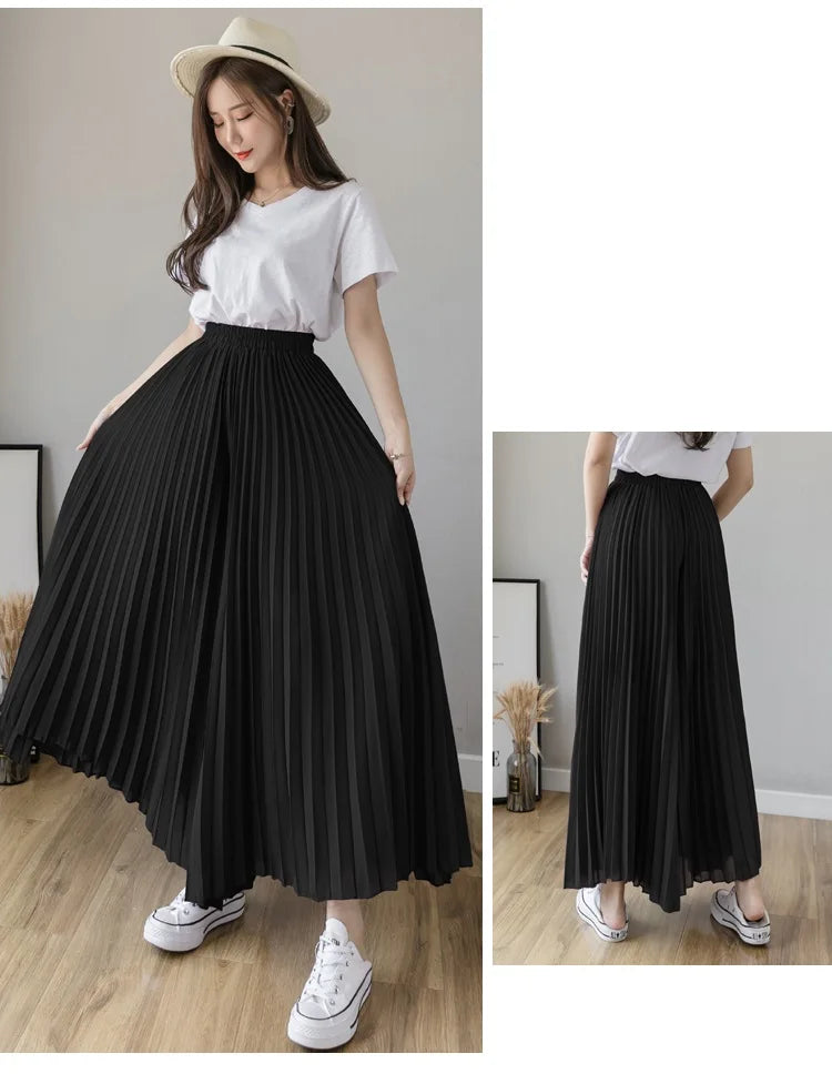 Plus size 6xl Pleated Chiffon Wide Leg Pants Women's High Waist 2023 Summer New Korean Loose Thin Beach Nine Cents Female Hakama