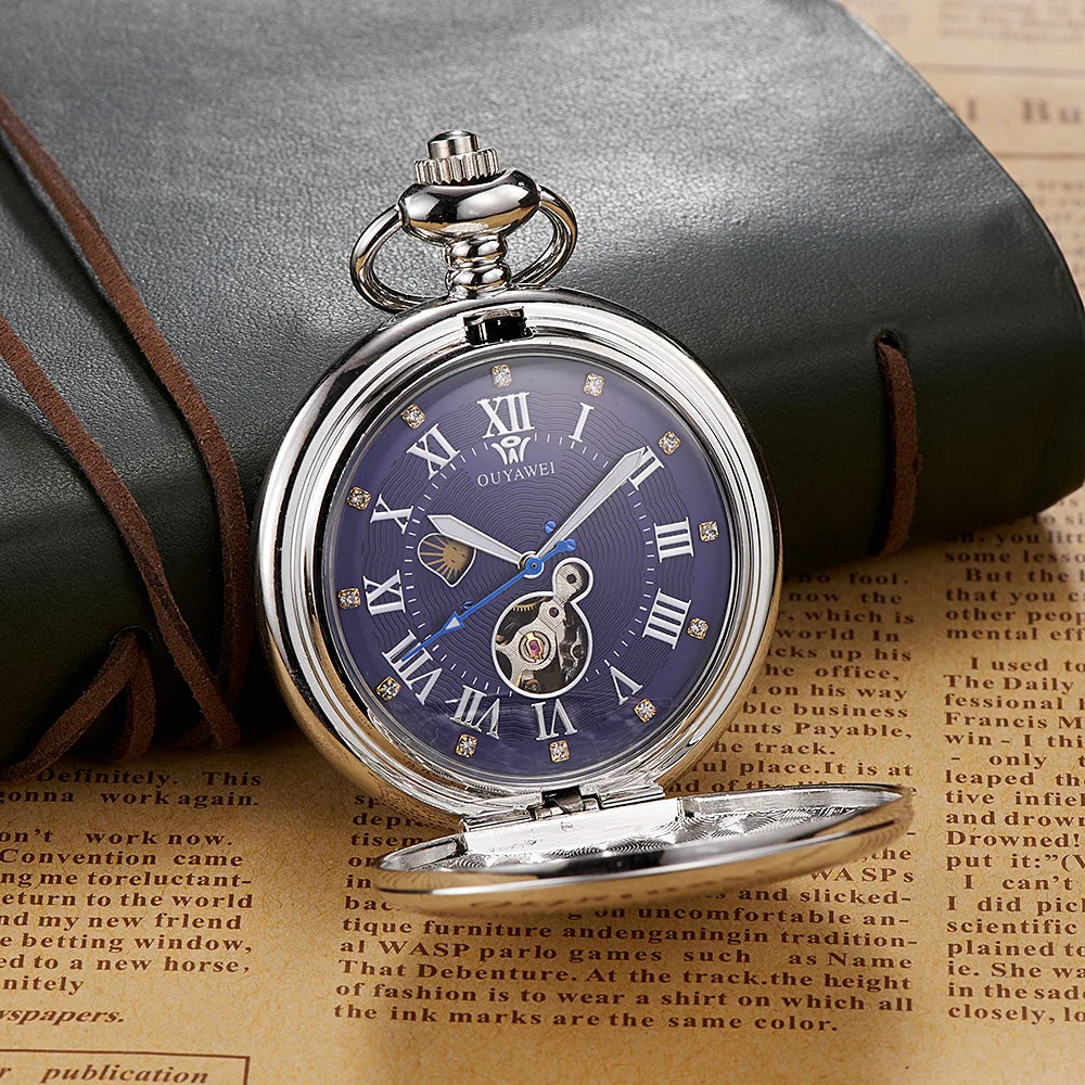 New OYW Brand Stainless Steel Men Fashion Casual Pocket Watch Skeleton dial Silver Hand Wind Mechanical Male Fob Chain Watches