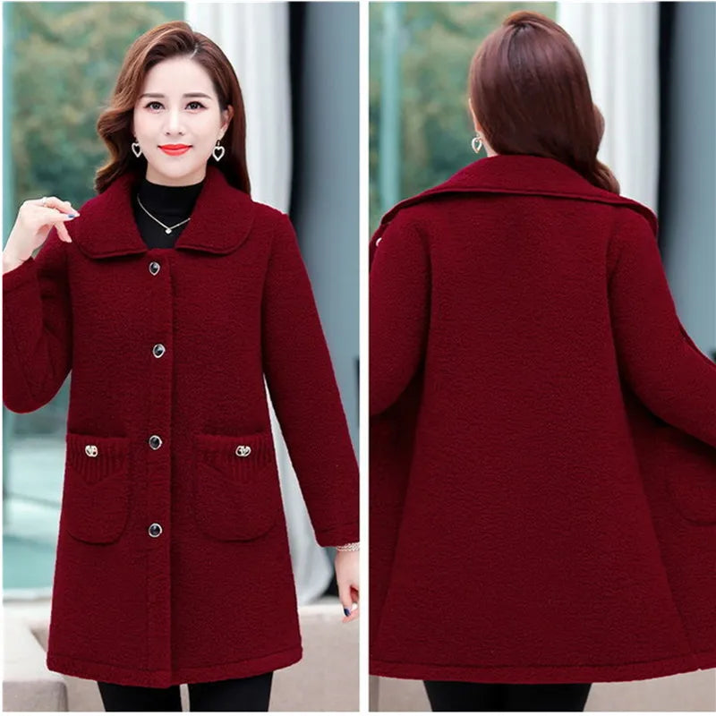Middle-aged Mothers Faux lamb Wool Coat 2024 Autumn Winter Loose Long-sleeve Outerwear Solid Female Jacket Parkas Casual Tops
