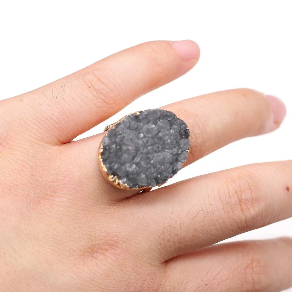 Natural Druzy Agates Rings Diamon-Studded Open Finger Rings Irregular Charm Rings for Women Men Party Wedding Jewelry