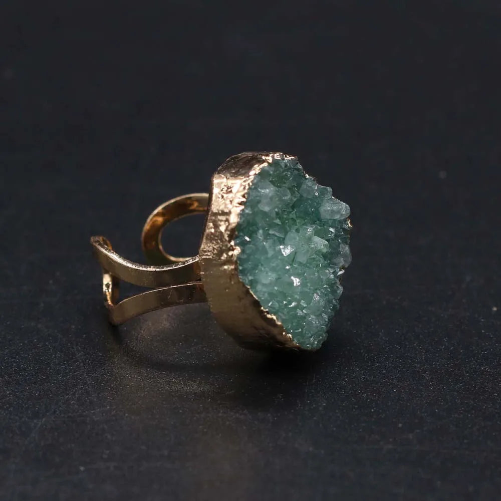 Natural Druzy Agates Rings Diamon-Studded Open Finger Rings Irregular Charm Rings for Women Men Party Wedding Jewelry