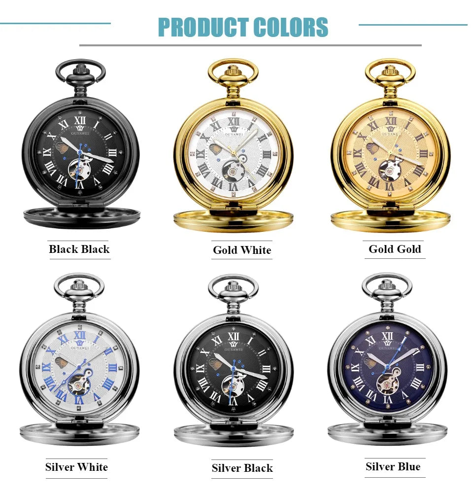 New OYW Brand Stainless Steel Men Fashion Casual Pocket Watch Skeleton dial Silver Hand Wind Mechanical Male Fob Chain Watches