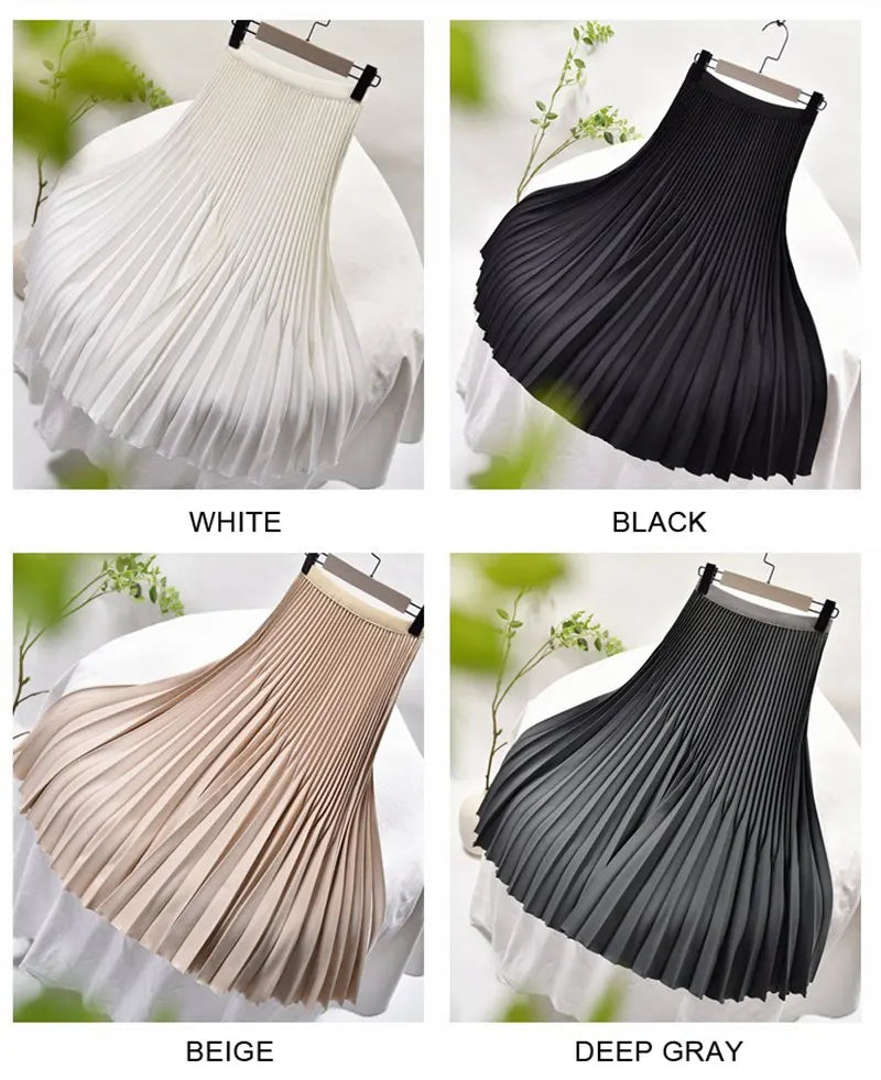 Women's Elegant Solid Color Midi Skirt Korean Female High Waist Fan-shaped Pleated Twill Skirts Faldas 2021 Summer Autumn Sk772