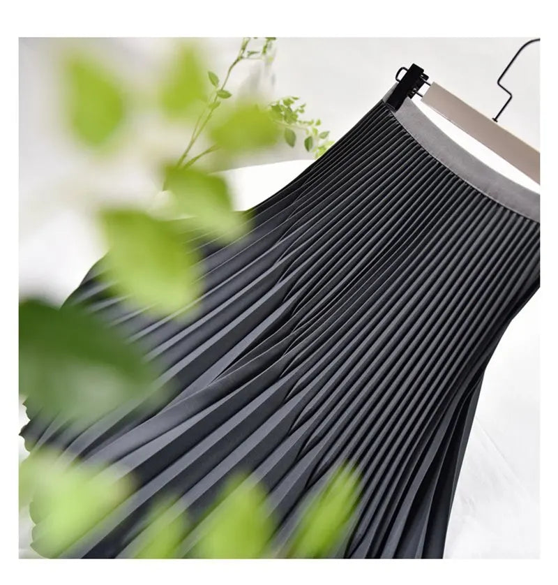Women's Elegant Solid Color Midi Skirt Korean Female High Waist Fan-shaped Pleated Twill Skirts Faldas 2021 Summer Autumn Sk772