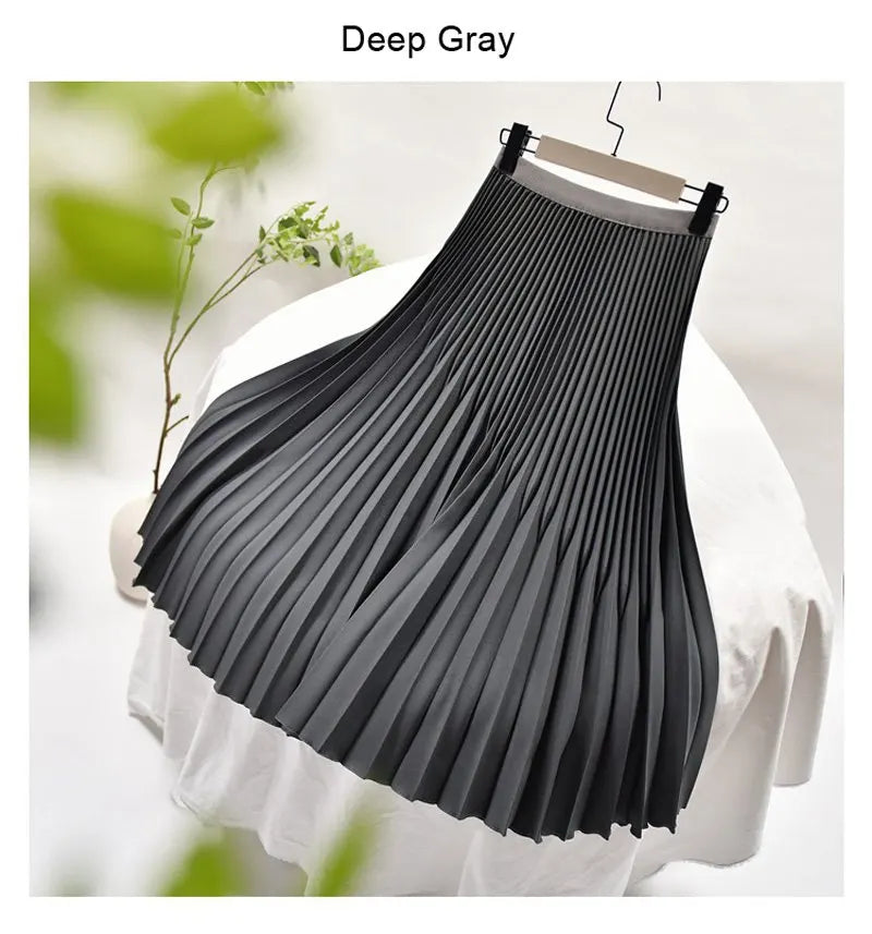 Women's Elegant Solid Color Midi Skirt Korean Female High Waist Fan-shaped Pleated Twill Skirts Faldas 2021 Summer Autumn Sk772