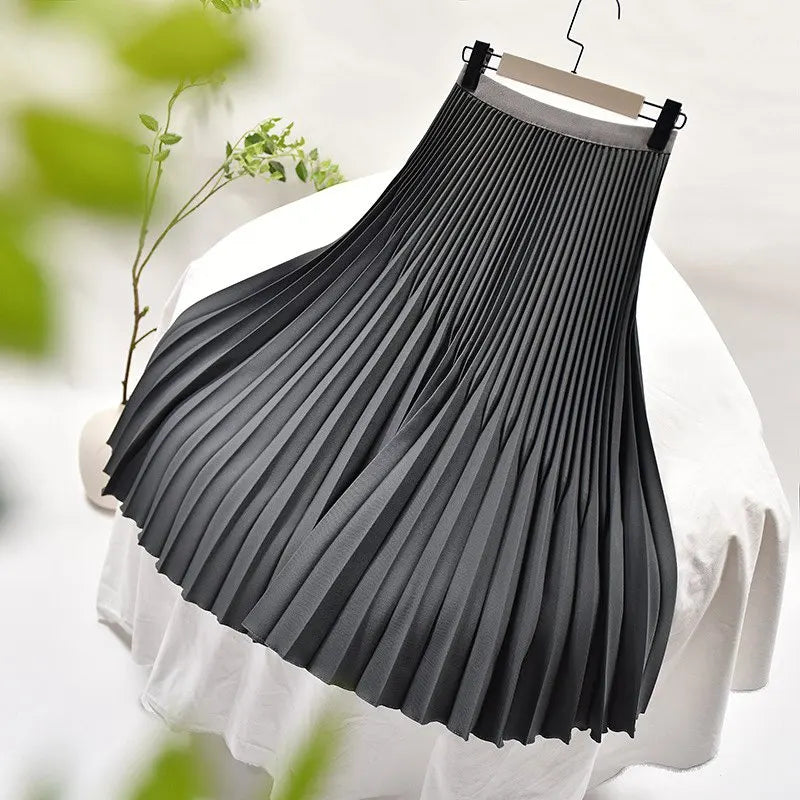 Women's Elegant Solid Color Midi Skirt Korean Female High Waist Fan-shaped Pleated Twill Skirts Faldas 2021 Summer Autumn Sk772