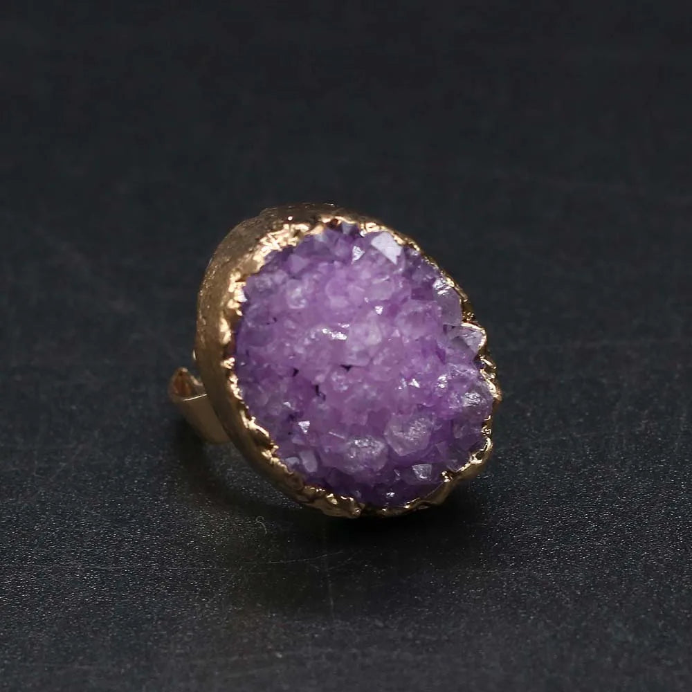 Natural Druzy Agates Rings Diamon-Studded Open Finger Rings Irregular Charm Rings for Women Men Party Wedding Jewelry