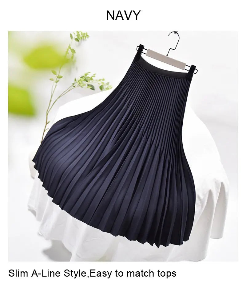 Women's Elegant Solid Color Midi Skirt Korean Female High Waist Fan-shaped Pleated Twill Skirts Faldas 2021 Summer Autumn Sk772