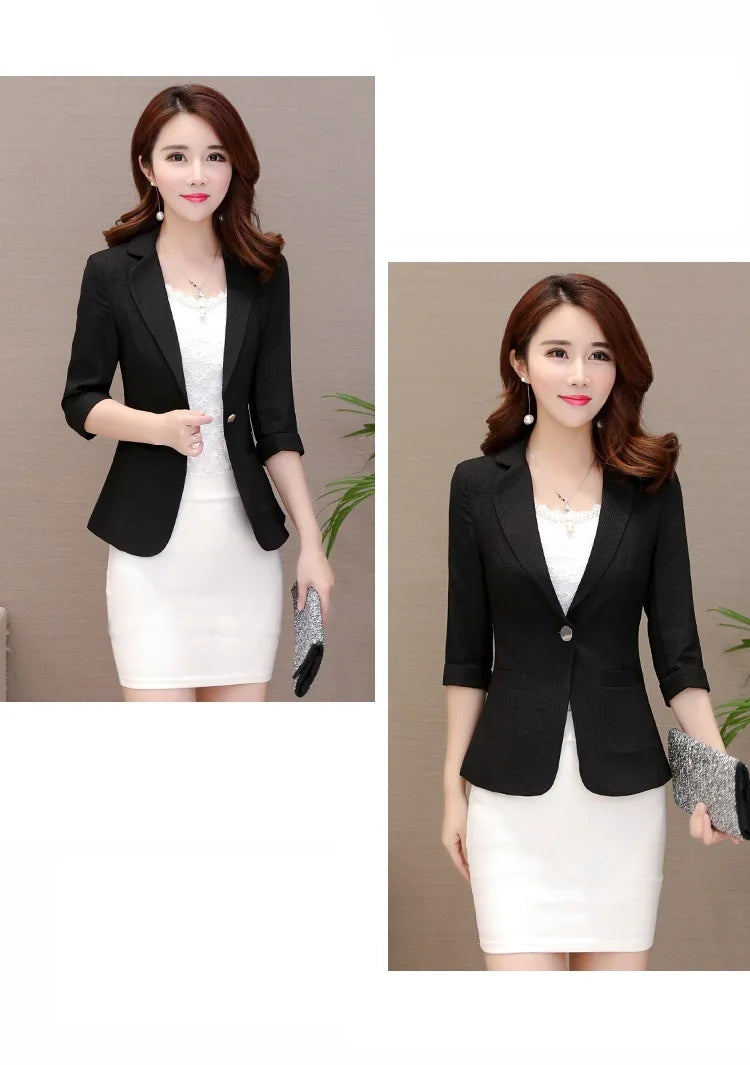 Elegant Women's Stripe 3/4 sleeve Suit Jacket 2025 Spring Summer Thin Slim Outwear Single button Female Office Blazer Coat Tops