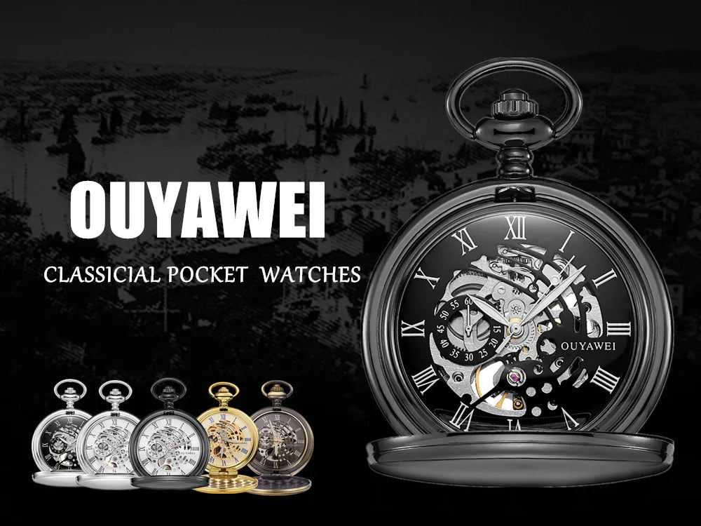 New OYW Brand Stainless Steel Men Fashion Casual Pocket Watch Skeleton dial Silver Hand Wind Mechanical Male Fob Chain Watches