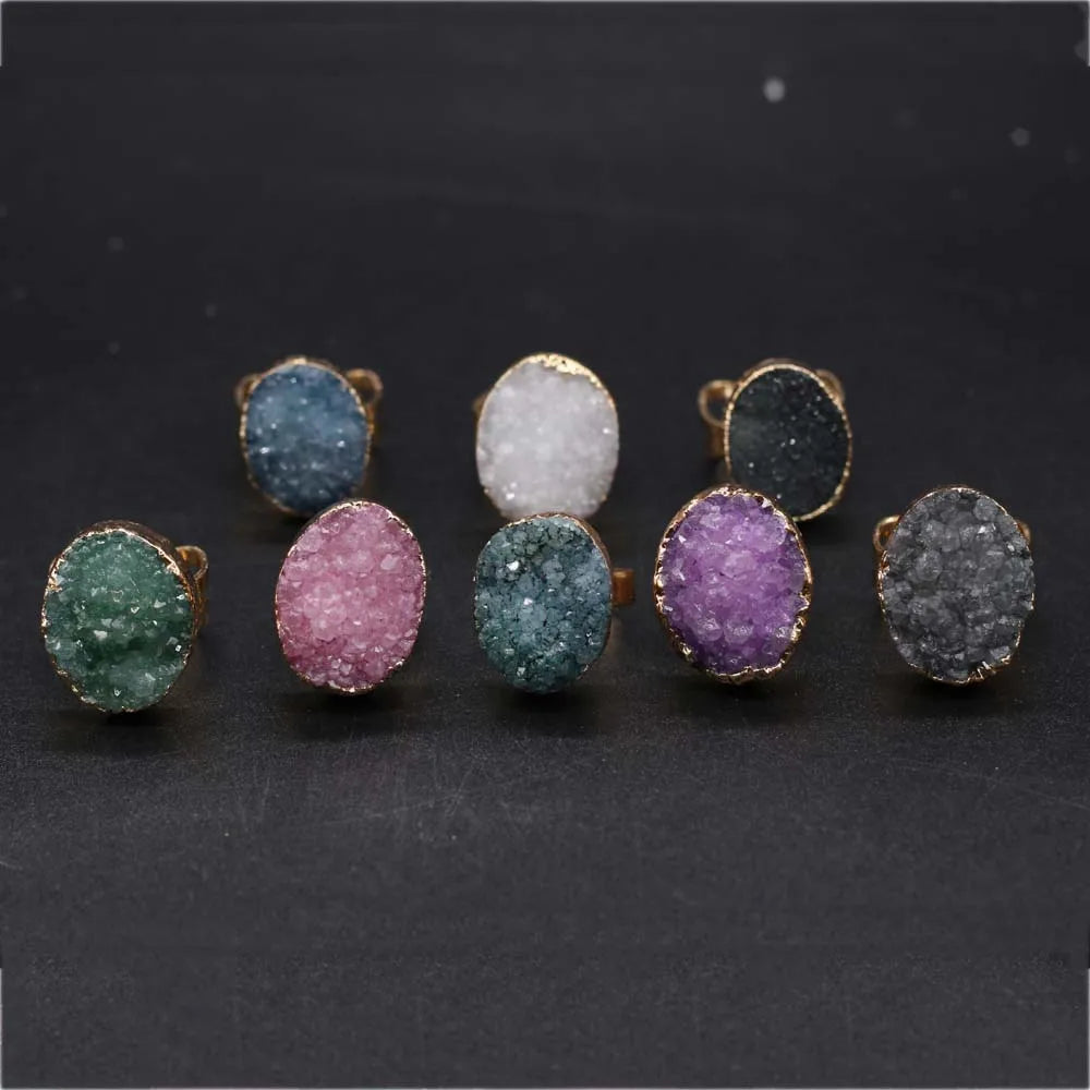 Natural Druzy Agates Rings Diamon-Studded Open Finger Rings Irregular Charm Rings for Women Men Party Wedding Jewelry