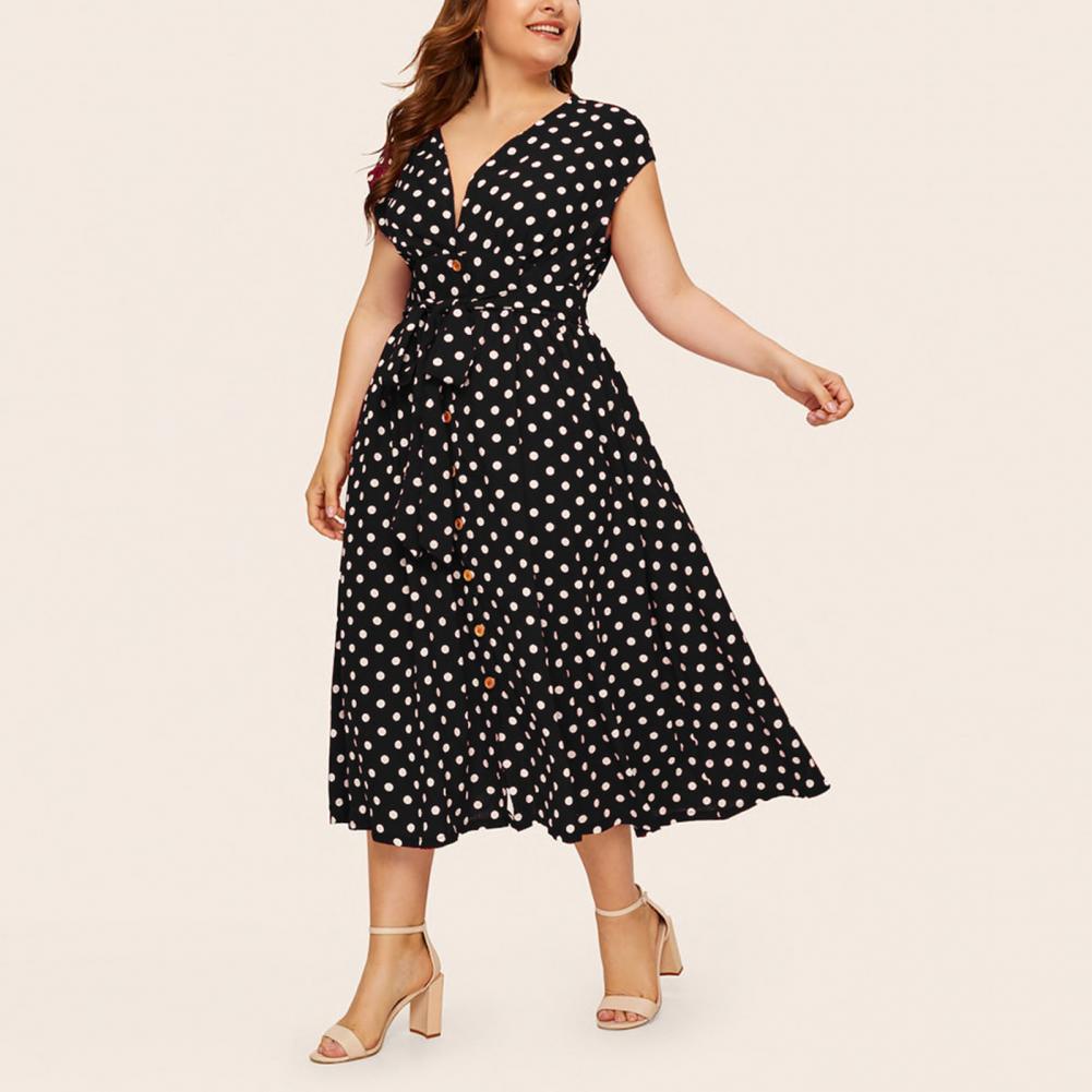 Women Plus Size Dress Polka Dot Print V Neck  Summer Single-breasted Sleeveless Large Hem Dress платье женское vestido mujer