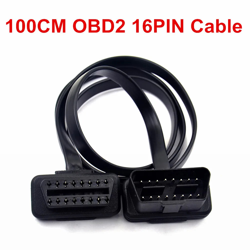 30/60/100CM Flat+Thin As Noodle 16 Pin Socket OBD OBDII OBD2 16Pin Male To Female Car Scanner Extension Cable Connector