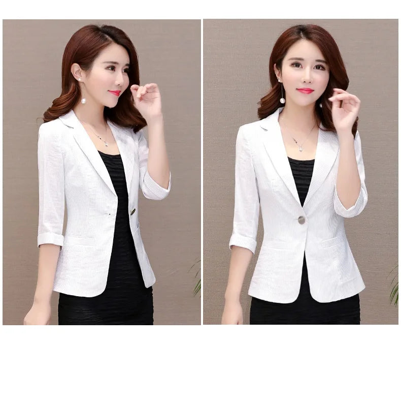 Elegant Women's Stripe 3/4 sleeve Suit Jacket 2025 Spring Summer Thin Slim Outwear Single button Female Office Blazer Coat Tops