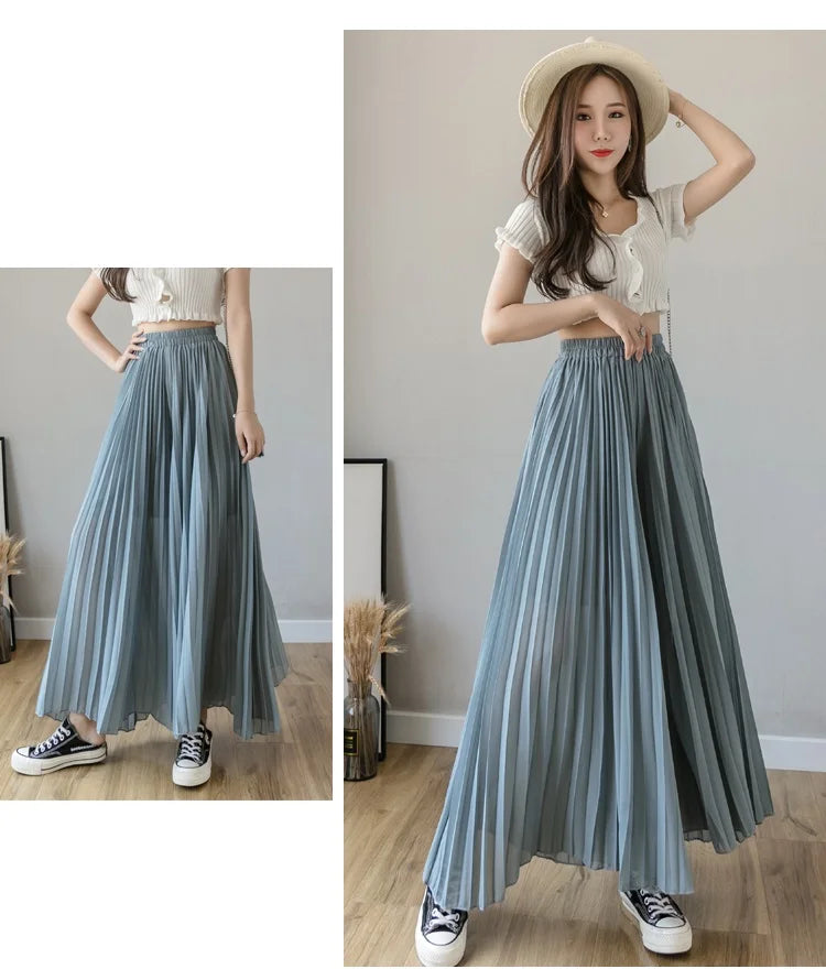 Plus size 6xl Pleated Chiffon Wide Leg Pants Women's High Waist 2023 Summer New Korean Loose Thin Beach Nine Cents Female Hakama