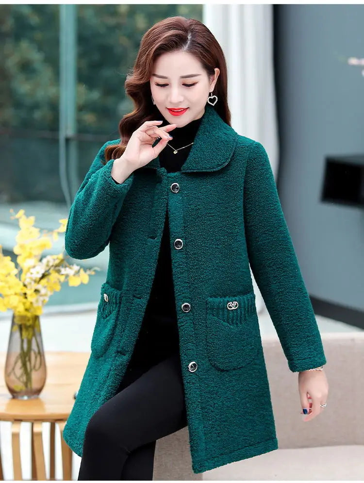 Middle-aged Mothers Faux lamb Wool Coat 2024 Autumn Winter Loose Long-sleeve Outerwear Solid Female Jacket Parkas Casual Tops