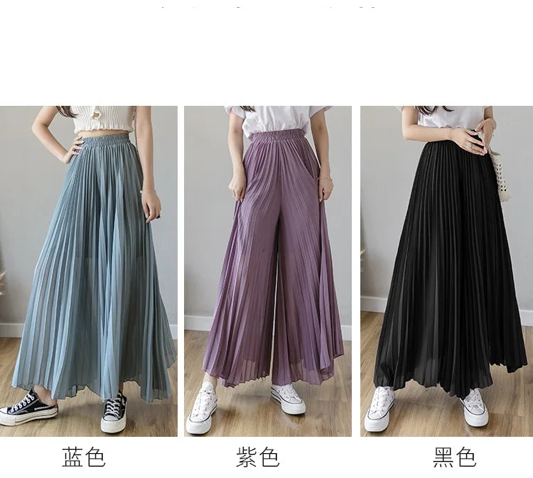 Plus size 6xl Pleated Chiffon Wide Leg Pants Women's High Waist 2023 Summer New Korean Loose Thin Beach Nine Cents Female Hakama