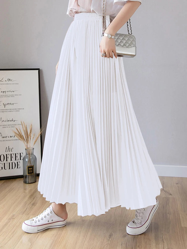 Plus size 6xl Pleated Chiffon Wide Leg Pants Women's High Waist 2023 Summer New Korean Loose Thin Beach Nine Cents Female Hakama