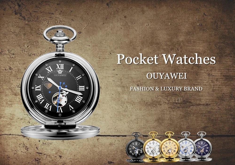 New OYW Brand Stainless Steel Men Fashion Casual Pocket Watch Skeleton dial Silver Hand Wind Mechanical Male Fob Chain Watches