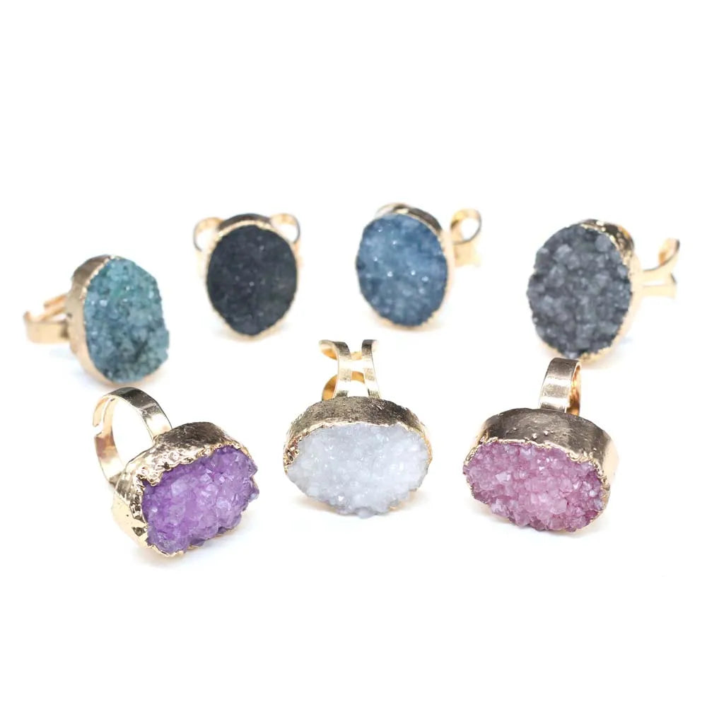 Natural Druzy Agates Rings Diamon-Studded Open Finger Rings Irregular Charm Rings for Women Men Party Wedding Jewelry
