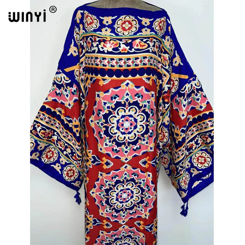 WINYI Cotton feeling robe longue hiver Elegant Long Sleeve african dresses for women Stripe Print Female dresses Vestdios abaya