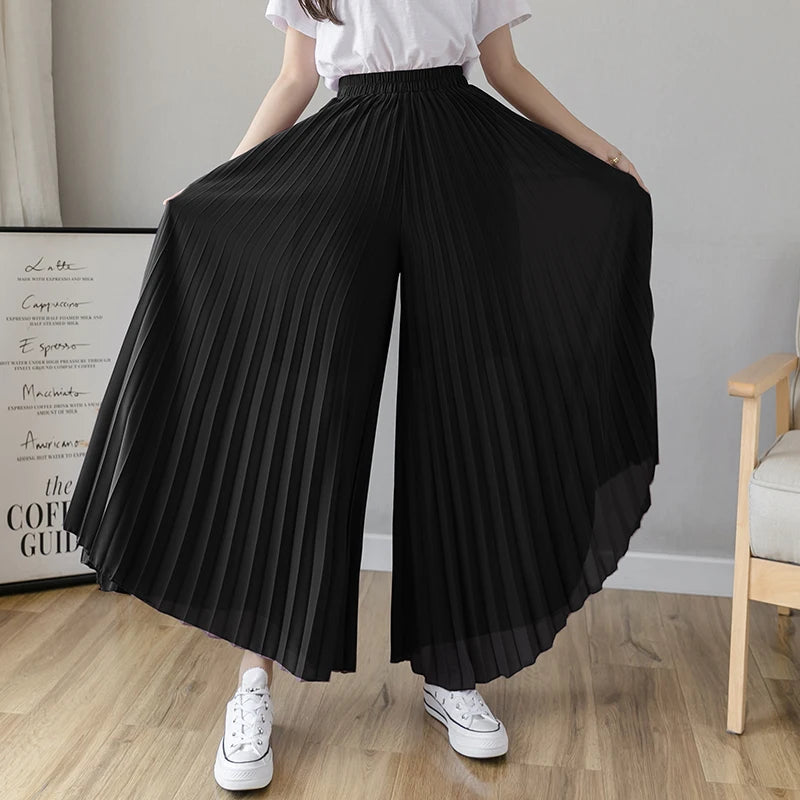 Plus size 6xl Pleated Chiffon Wide Leg Pants Women's High Waist 2023 Summer New Korean Loose Thin Beach Nine Cents Female Hakama