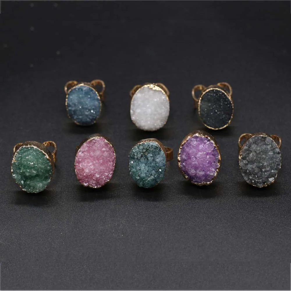 Natural Druzy Agates Rings Diamon-Studded Open Finger Rings Irregular Charm Rings for Women Men Party Wedding Jewelry