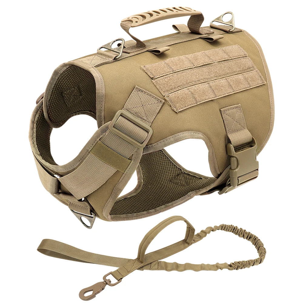 Nylon Tactical Dog Harness Collar Leash No Pull Military Pet Harness Vest For Medium Large Dogs Training Molle Harness Pouches